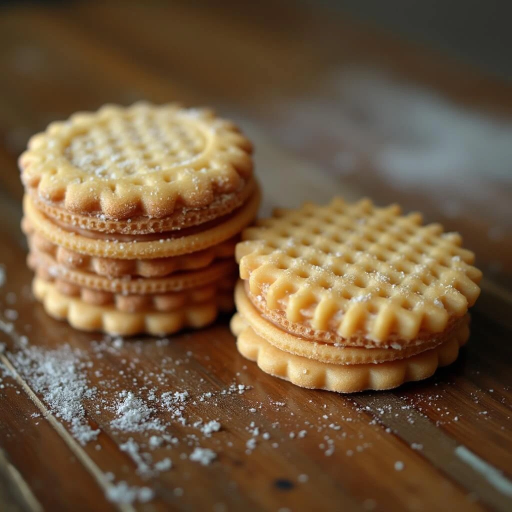 Crunchy wafer cookies stacked with a light cream filling inside.